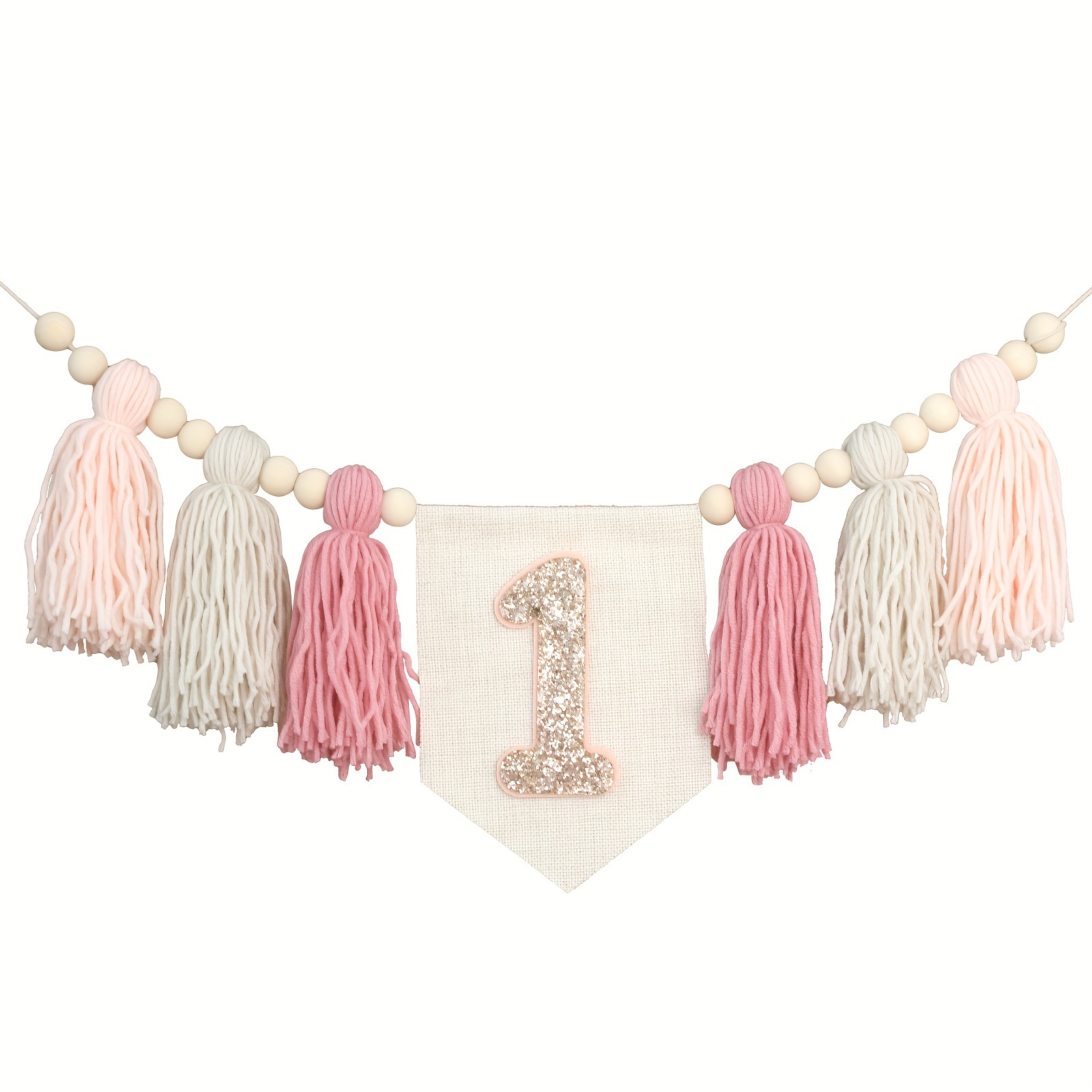 Image of 1-year-old Pink Birthday Highchair Banner Tassel Wreath Bohemian Birthday Sparkling Tassel Garland Handmade