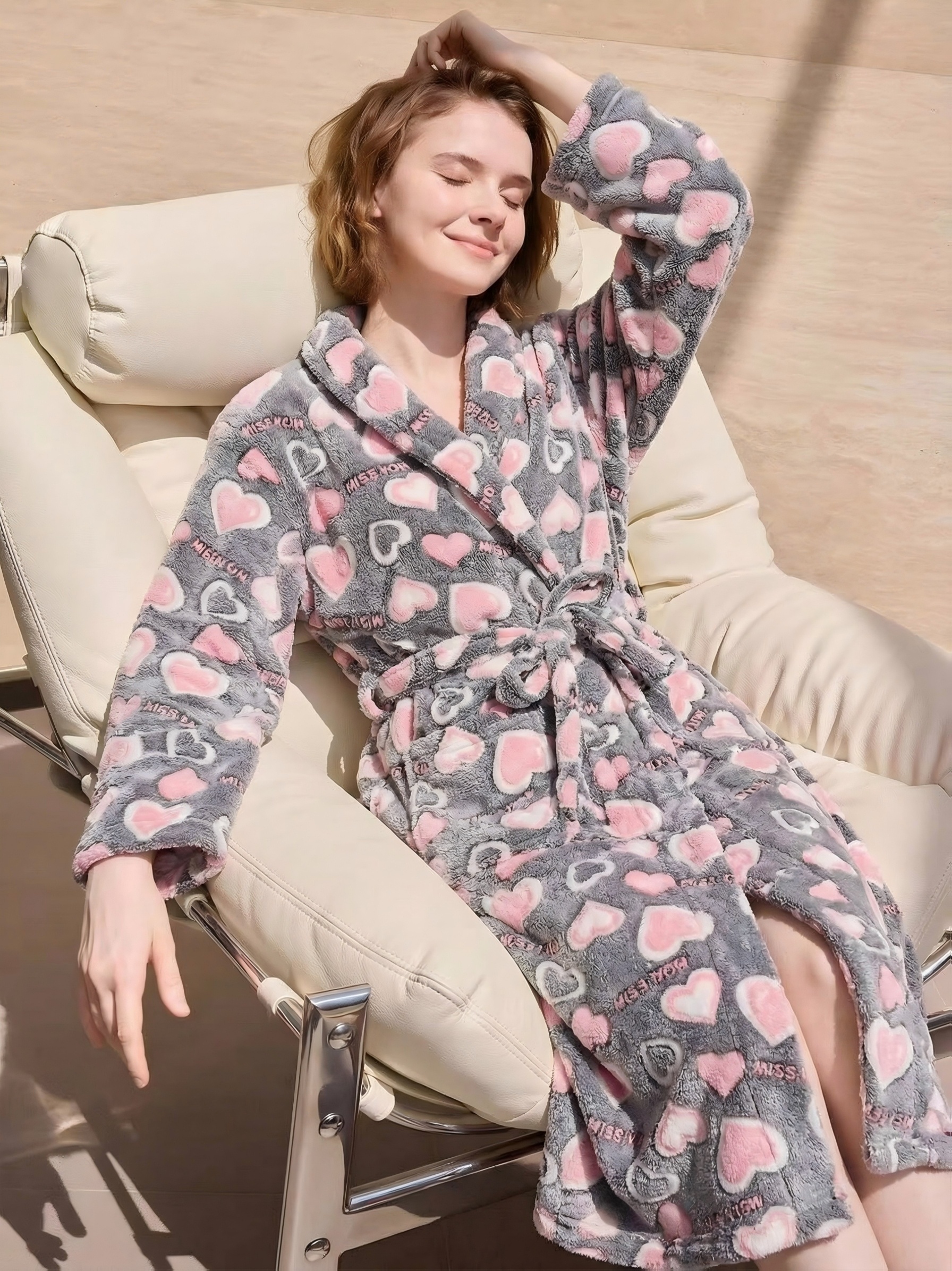Peignoir De Bain Femme Noël En Flanelle - Imprimé Cœurs, Manches Longues, Avec Poches Et Ceinture - 2