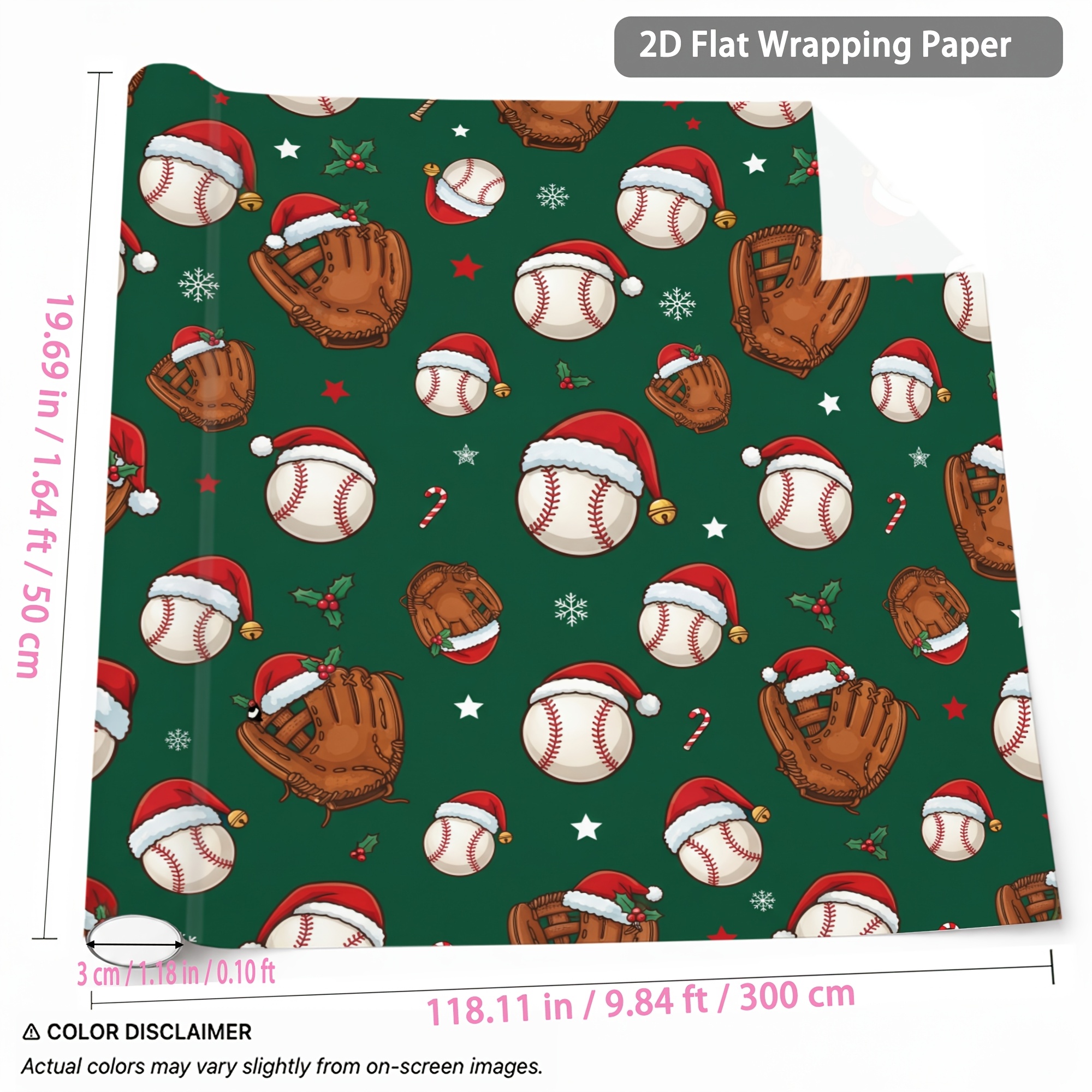 TEMU 1 Roll Christmas Baseball Themed Wrapping Paper 1.64ft X 9.84ft Green Background With Baseball Glove Ball And Santa Hat Pattern For Holiday Gift