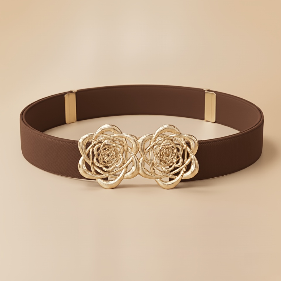 TEMU Women's Fashion Floral Buckle Elastic Waist Belt, Vintage Elegant Style Adjustable Elastic Buckle Waistband, Jeans Belt, Alloy Belt Buckle