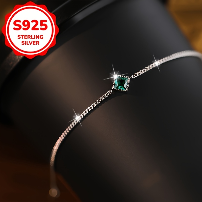 925 Silver Hollow Green Square Chain Bracelet, Creative Design