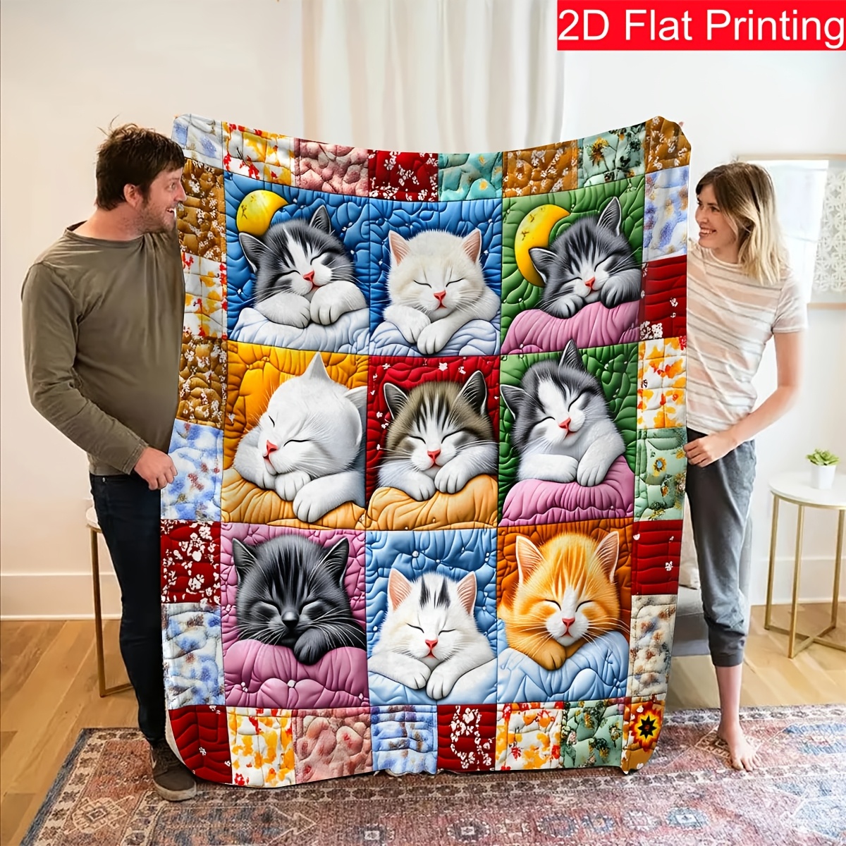 TEMU Couverture en flanelle avec un motif de grille à carrés avec chats endormis aux variés : tigré et blanc, adorable orange et blanc, noir uni, et