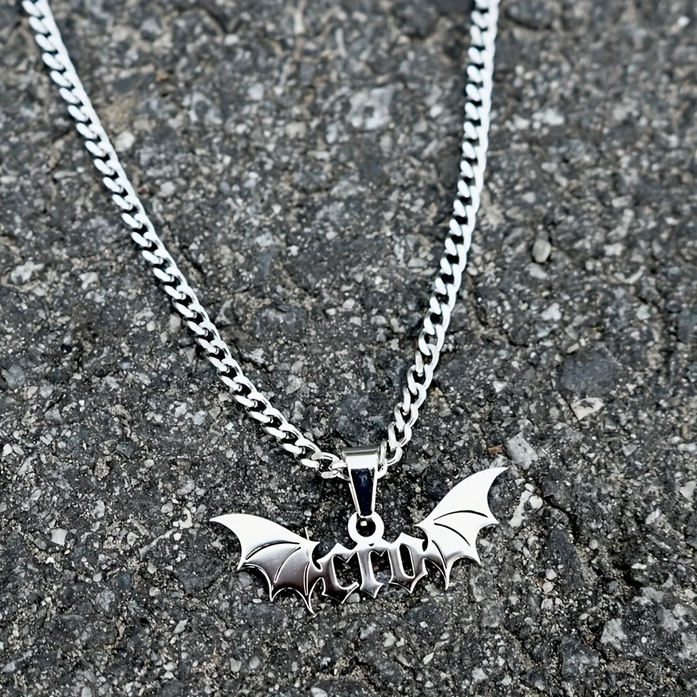 TEMU Custom Cuban Chain Bat Name Necklace, Personalized Old English Nameplate Detachable Pendant Necklace, Stainless Steel Gothic Halloween Necklace,