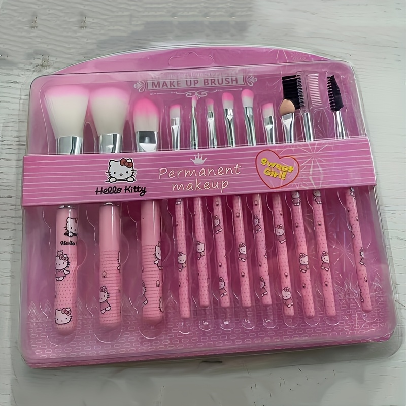 

12pcs Hello Kitty Makeup Brush Set, Soft Synthetic , Oval Brush Form, Unscented, Polyester , Abs Plastic Handle, With Cute For Normal Skin