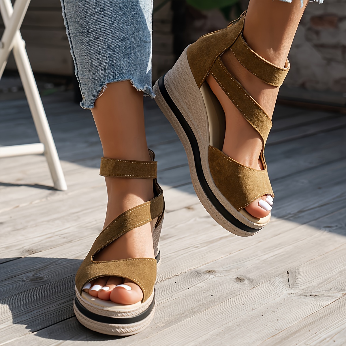 

Women's Simple Wedge Heeled Sandals, Casual Open Toe Summer Shoes, Comfortable Back Zipper Sandals