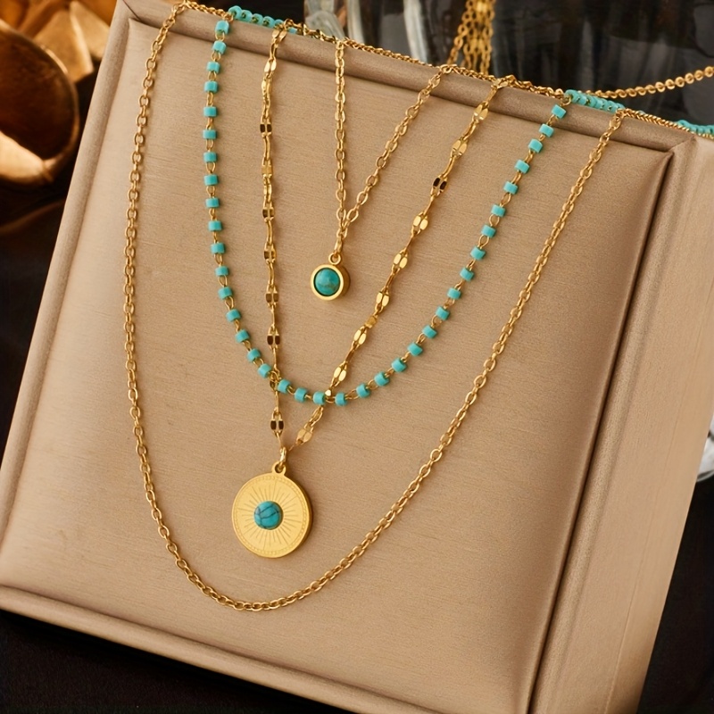 TEMU Europe And America Stainless Steel Necklace 4 Layers Chain Double Pendant Necklace Creative Jewelry Gift