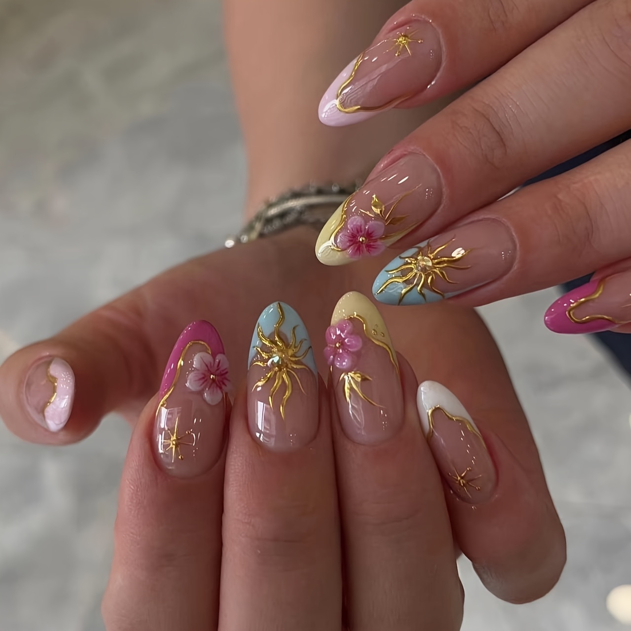 TEMU 24pcs Medium-length Almond Press-on Nails Spring Style With 3d Pink Flower And Colorful Sweet Elegant 3d Look Reusable Fake Nails Nail Tips