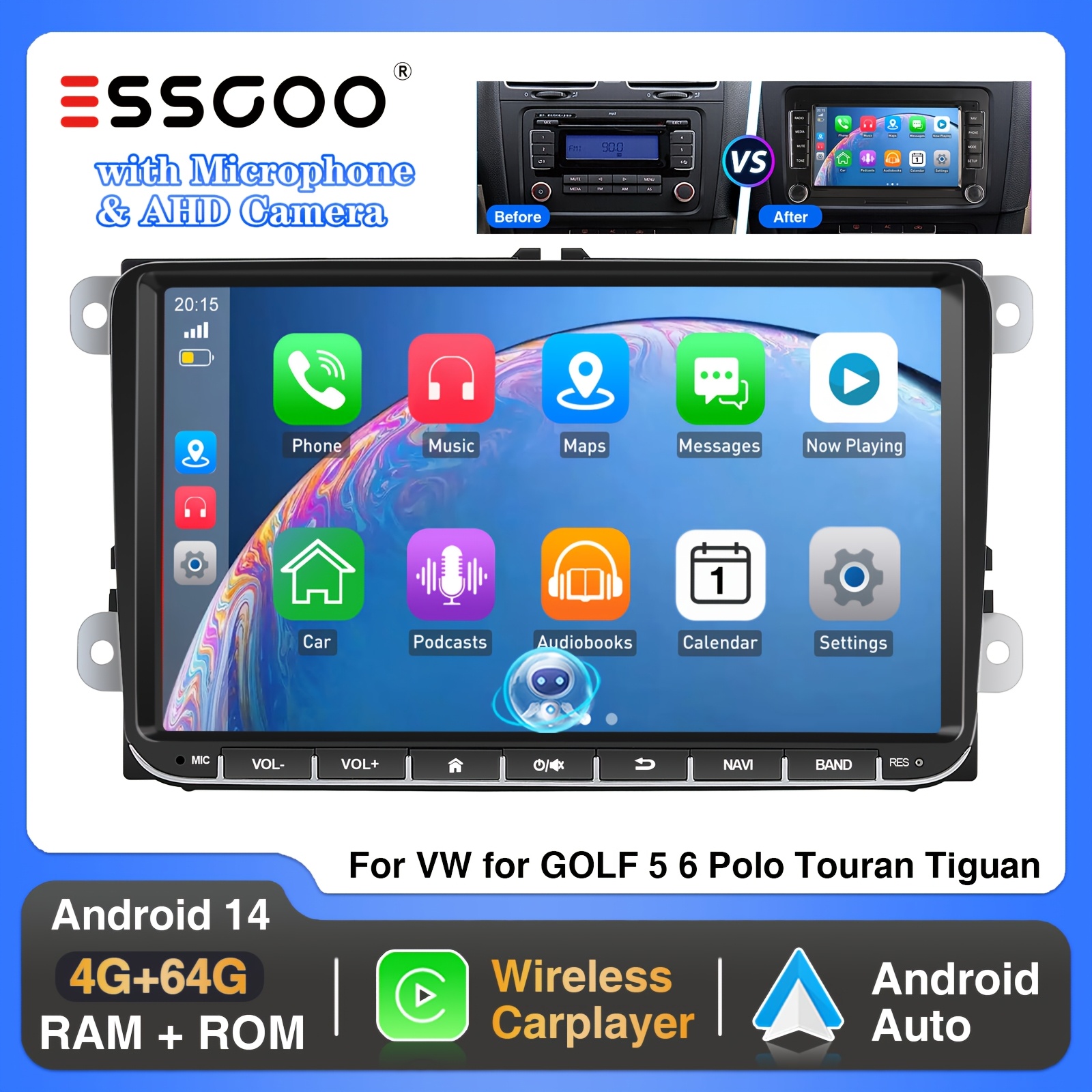 ESSGOO 14 Avtomobilski Radio za VW Golf 5/6, Passat, Tiguan, , EOS - 9" IPS HD Zaslon na Dotik, Brezžični CarPlay & Auto, Brezžično, CANBUS,