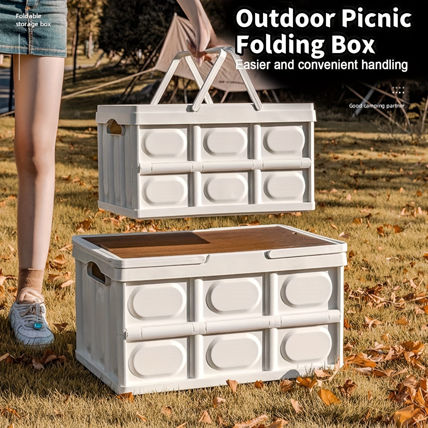 

Versatile Outdoor Camping Storage Box With Wooden Lid - Foldable, Perfect For Picnics & Car Trunk Organization Outdoor Storage Box Deck Box For Outdoor Storage