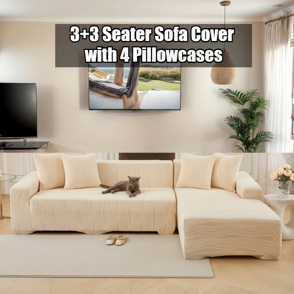 TEMU Topchances Knitted Jacquard L-shaped Sofa Cover Set With 4 Pillowcases, Stretch Durable Easy Clean Furniture Slipcover Protector For 3 3/ 3 4
