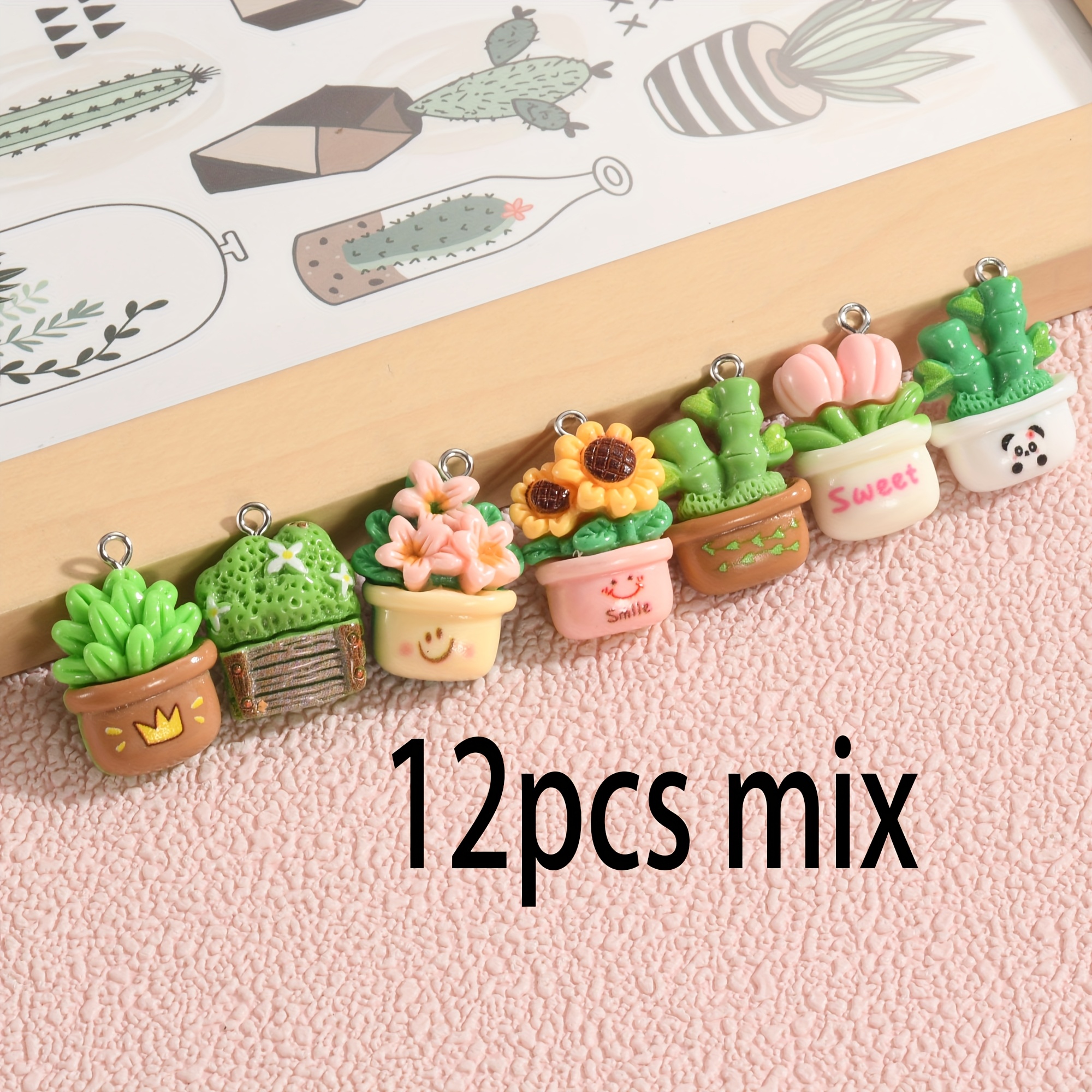 E-shop 12 Stück Mix Cartoon Harz Blumentopf Anhänger, Verschiedene Blumentopf Pflanzen Anhänger, Geeignet für Halsketten, Ohrringe, Schmuckherstellung