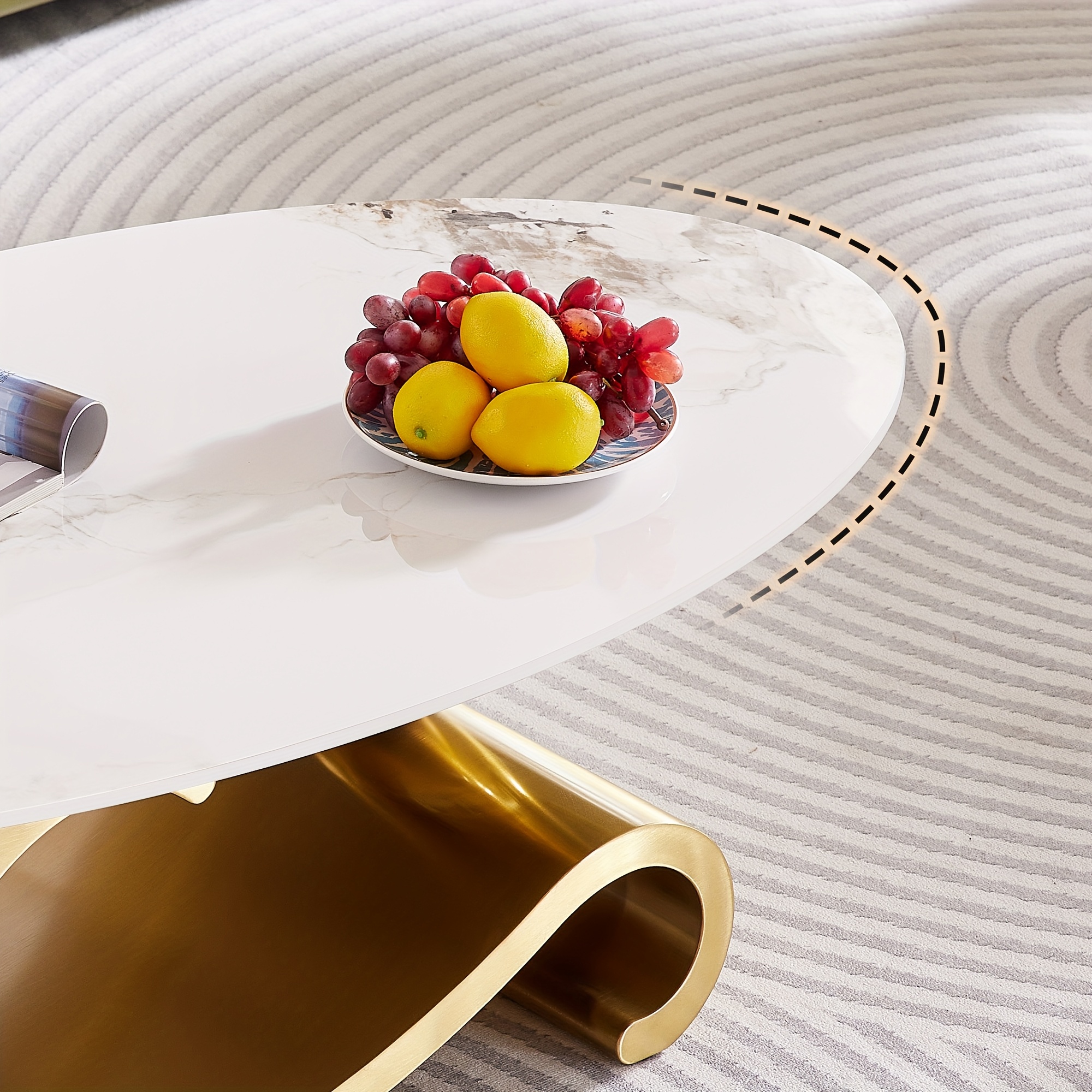 Modern Die-Cast Stone Coffee Table with Stainless Steel Base, an Elegant And Durable Centerpiece for Living Rooms. Easy to Assemble And Clean. Curved Design for Knock Prevention, Suitable for Living Rooms And Offices.