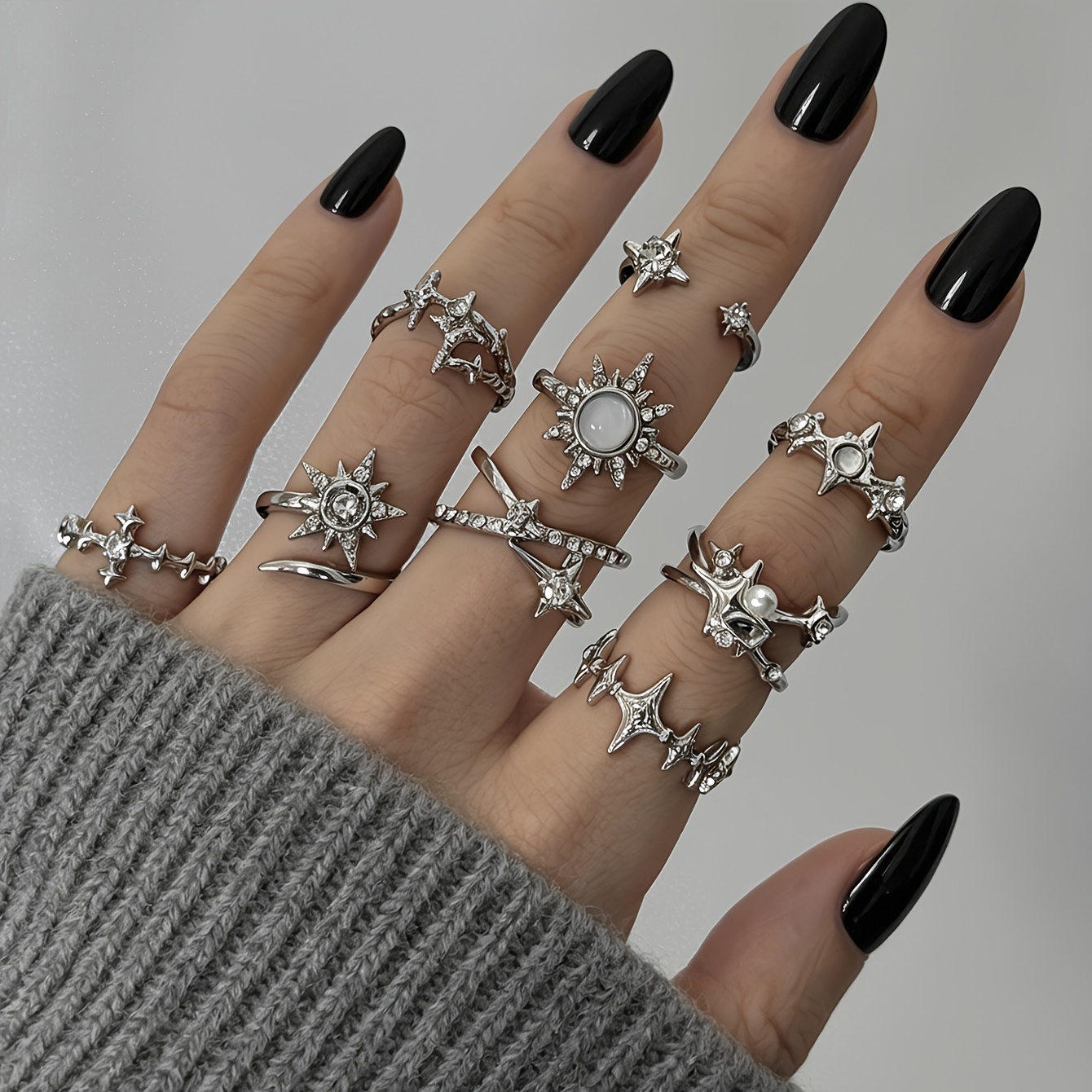 TEMU 9pcs Set Alloy Rhinestone Inlaid Ring Stacking Set, Stacking Ring, Niche Design Sense Sweet Cool Spicy Hip-hop Gothic Ring Set