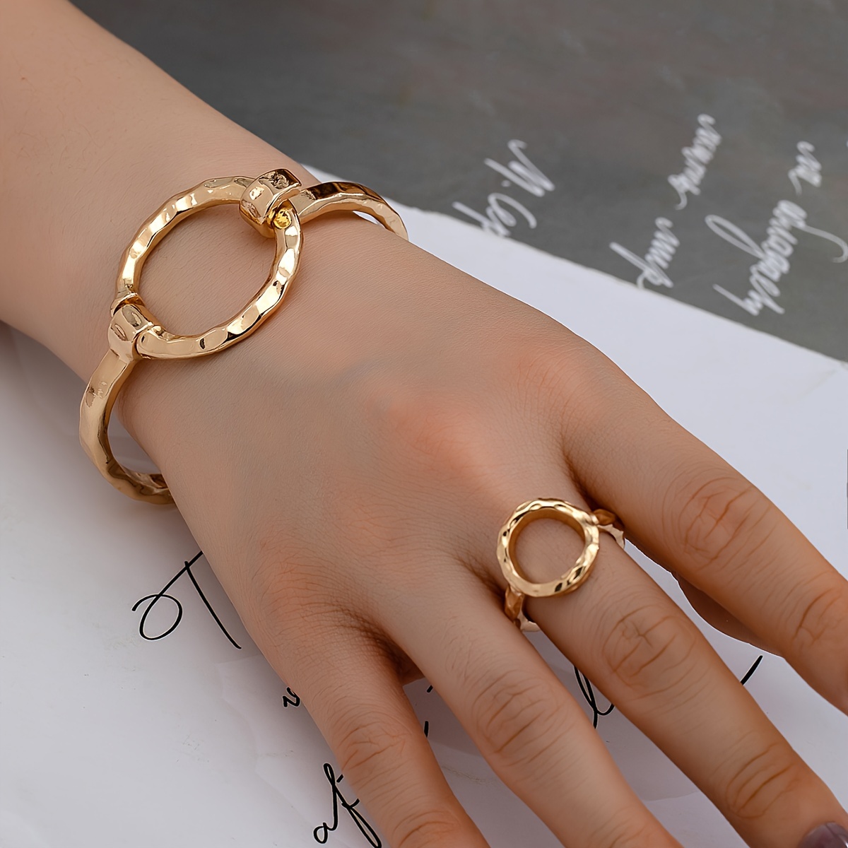 

Chic Minimalist Adjustable Women's Bracelet And Ring Set, Vacation Style, Open Cuff Bangle With Matching Band, Elegant Jewelry Ensemble