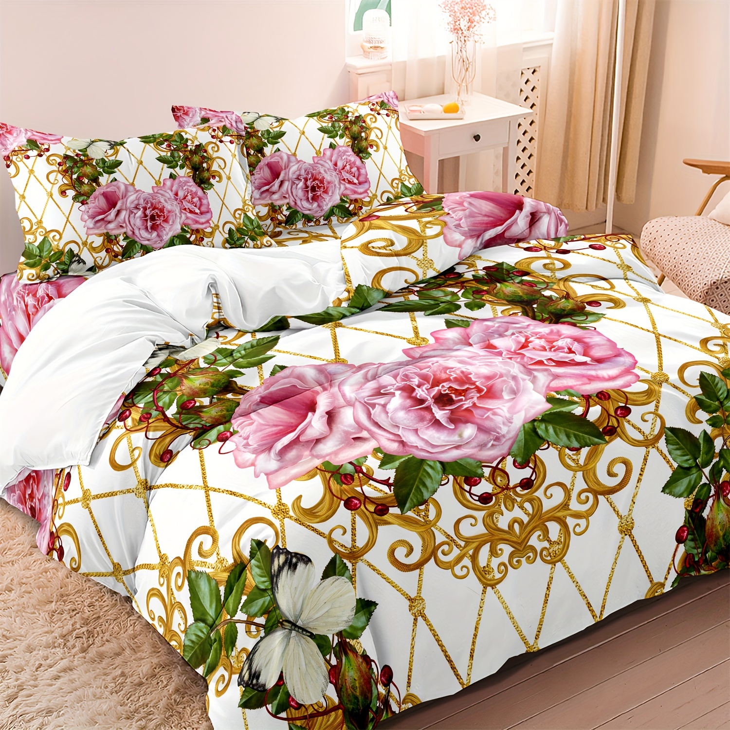 

3pcs Luxury Golden Geometric 3d Style Flower Quilt/duvet Cover Set - Soft, Breathable, Comfortable Bedding Set For All , Home And Dorm Decoration, Includes (1*duvet Cover And 2 Pillowcases)