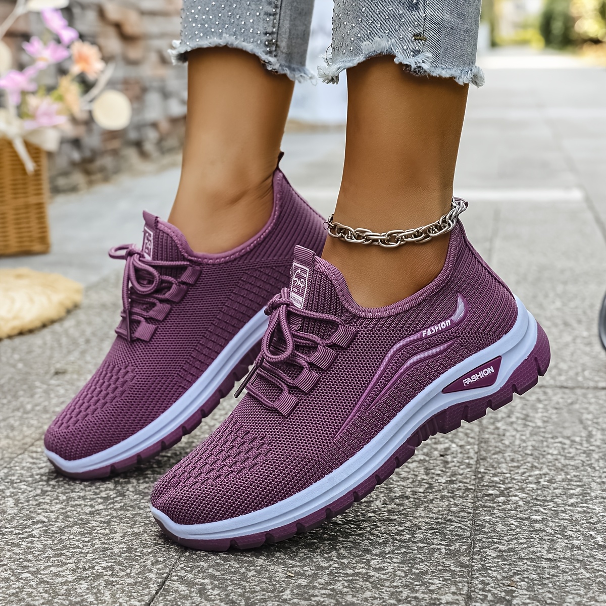 Image of New Women's Casual Sports Outdoor Running Walking Daily Commuting Lace- Pattern Double Layer Sole And Knit Shoes, Women Shoes, Sneakers