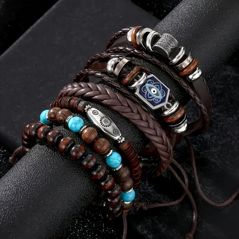 E-shop Bestseller Old-School Türkis Hähnchenflügel Holzperle Armband 6er Set Freundschaftsgeschenk Handgefertigtes Gewebtes Armband
