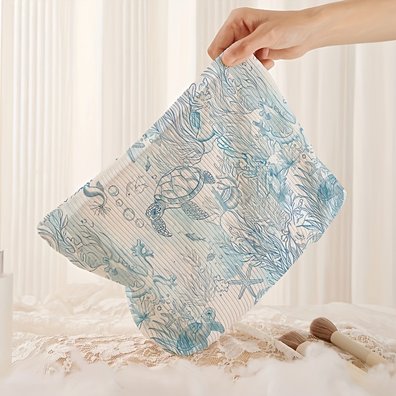 Image of Turtle Pattern Printed Corduroy Zipper Makeup Bag Storage Bag, Lightweight Makeup Bag, Makeup Bag, Multifunctional Wash Bag With Lining