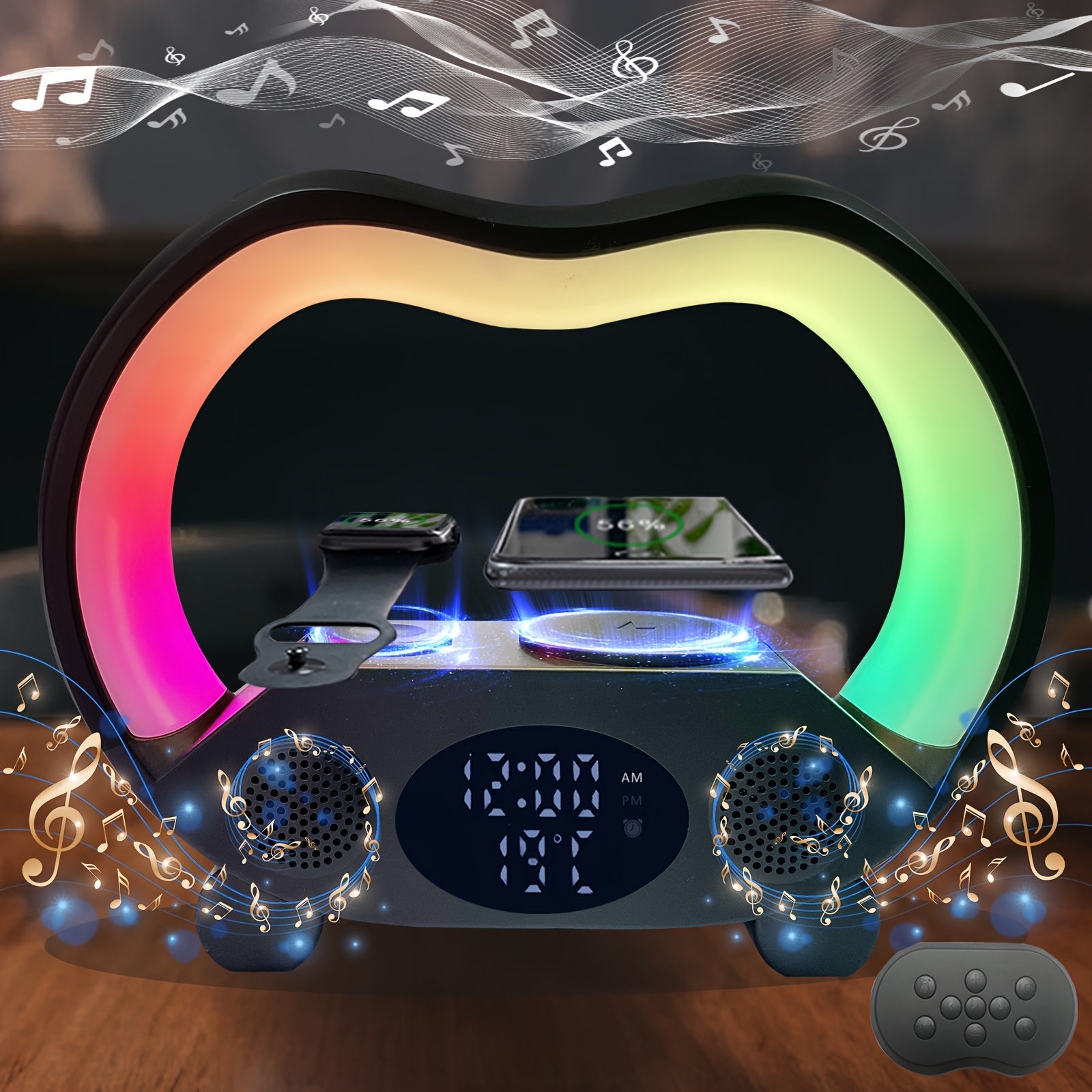 TEMU Zishen Night Light With Rgb Lights, 6-in-1 Wireless Speaker, Alarm Clock, Wireless Charging For Phone And Watch, Temperature Display, Ideal For