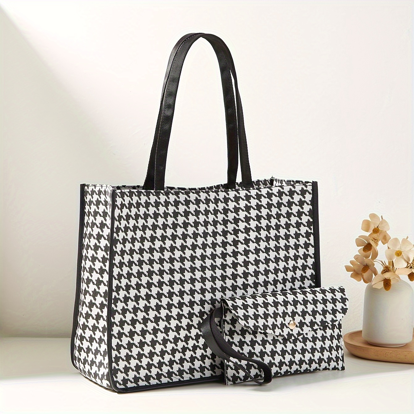 TEMU 2pcs Houndstooth Tote Bag Set, Fashion Shoulder Bag, Women's Handbag With Wrist Clutch Wallet