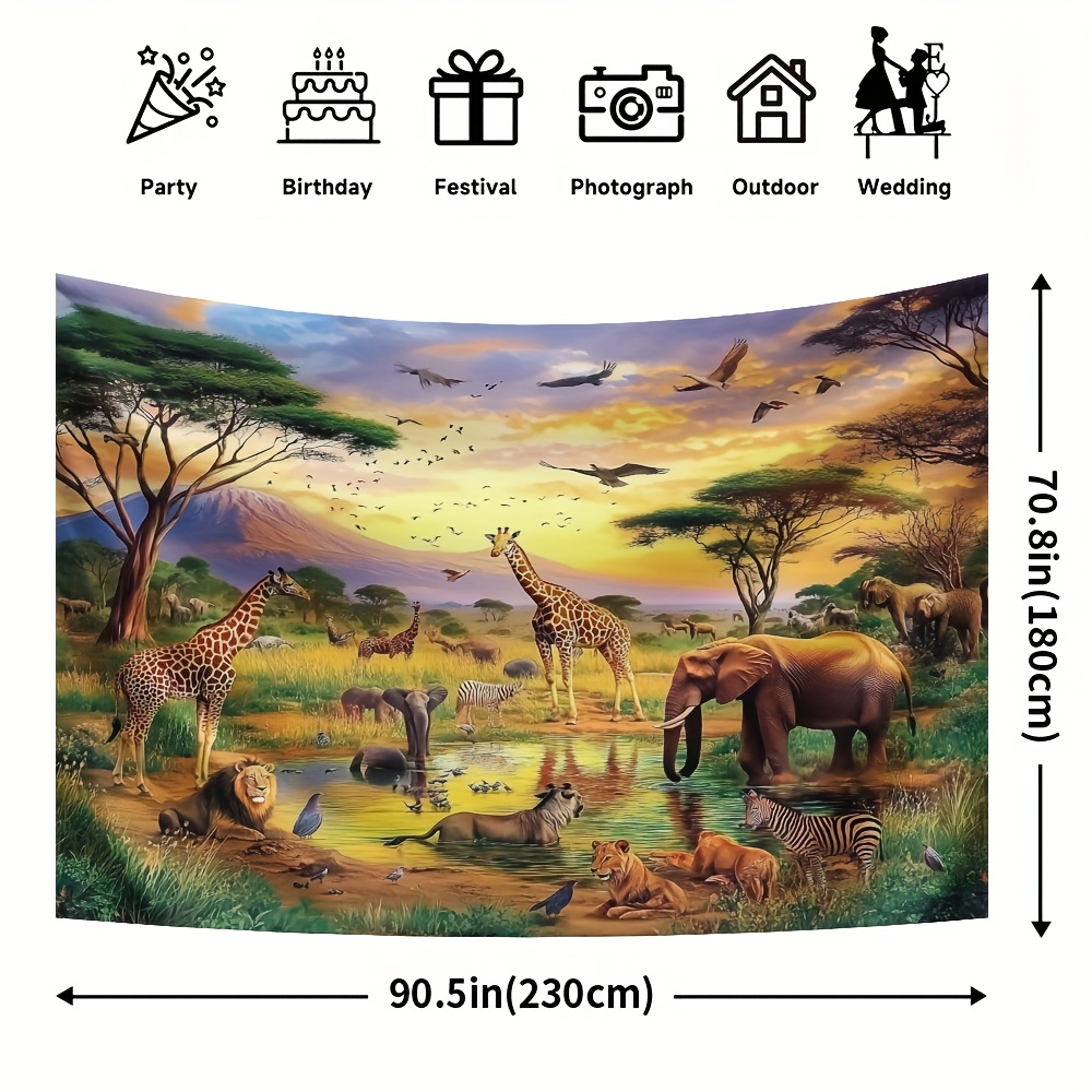 TEMU 1pc Afrikaanse Polyester Achtergrond, Tropische Jungle Dierenleven Scène, Feestdagen Decor, Makkelijk op te Hangen, Geen Elektriciteit Nodig,