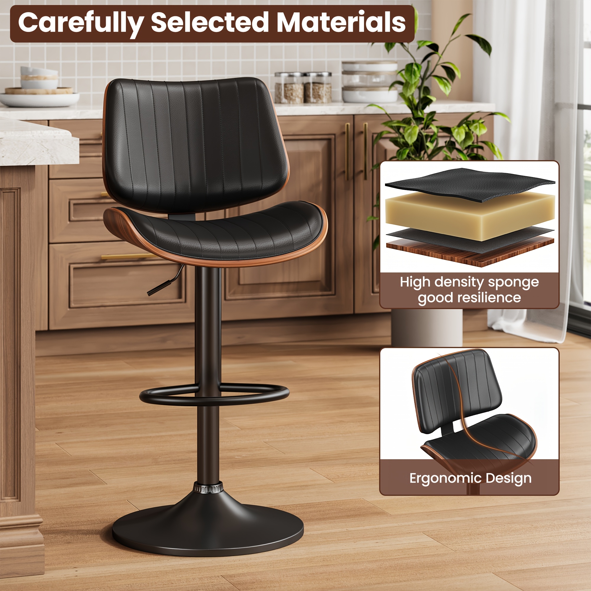 bar stools set of 1 2 armless adjustable swivel barstools pu leather kitchen counter height barstools kitchen counter height barstools with back support for dining room kitchen and living room Product details 5