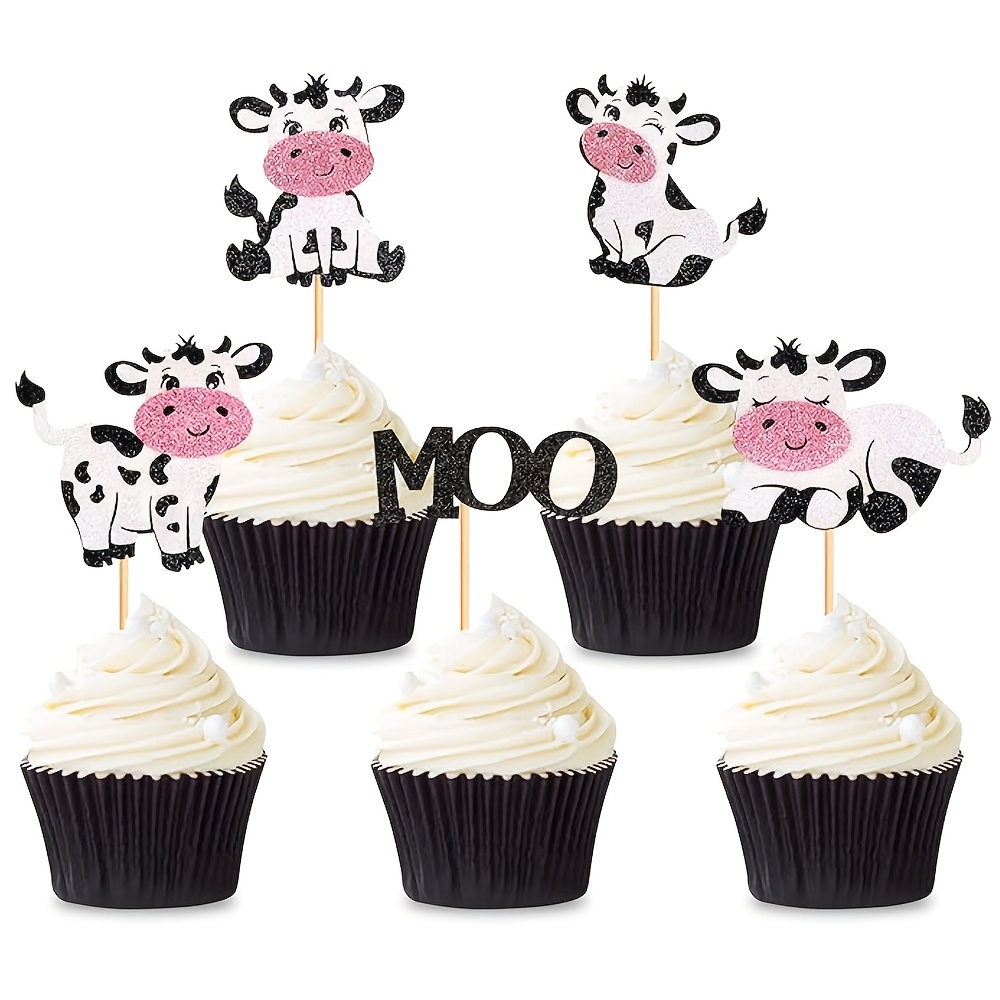 Image of 20pcs Cow Cupcake Toppers Farm Animals Moo Cupcake Picks Cow Theme Birthday Party Cake Decorations Supplies