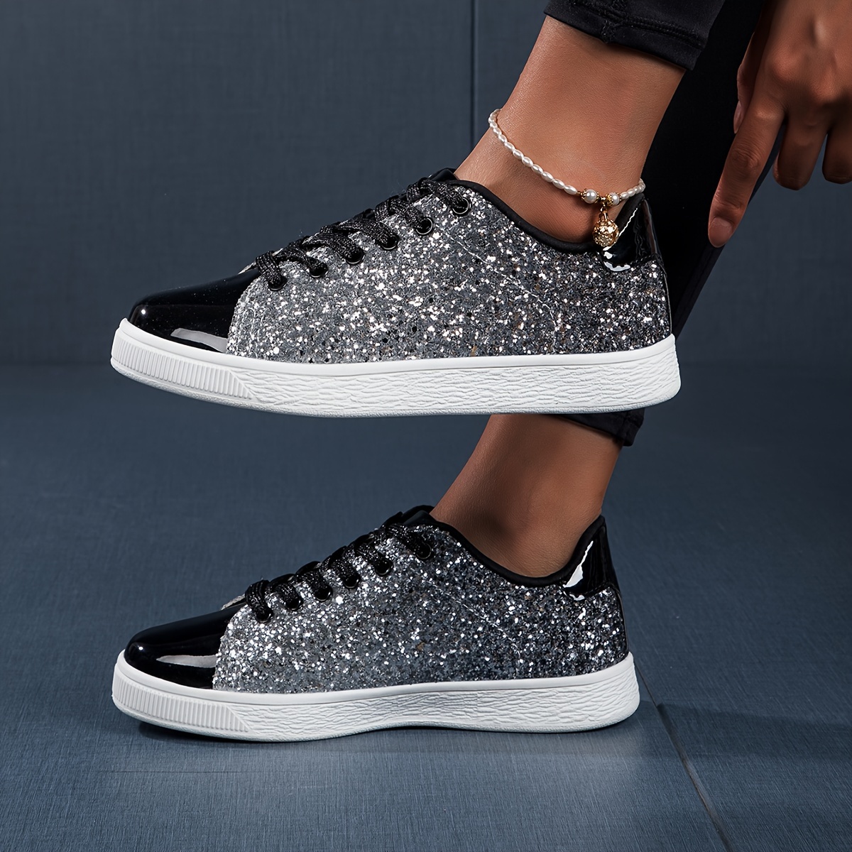 Damen Glitzer Glitzer Turnschuhe Schwarz Laufschuhe Glitzer