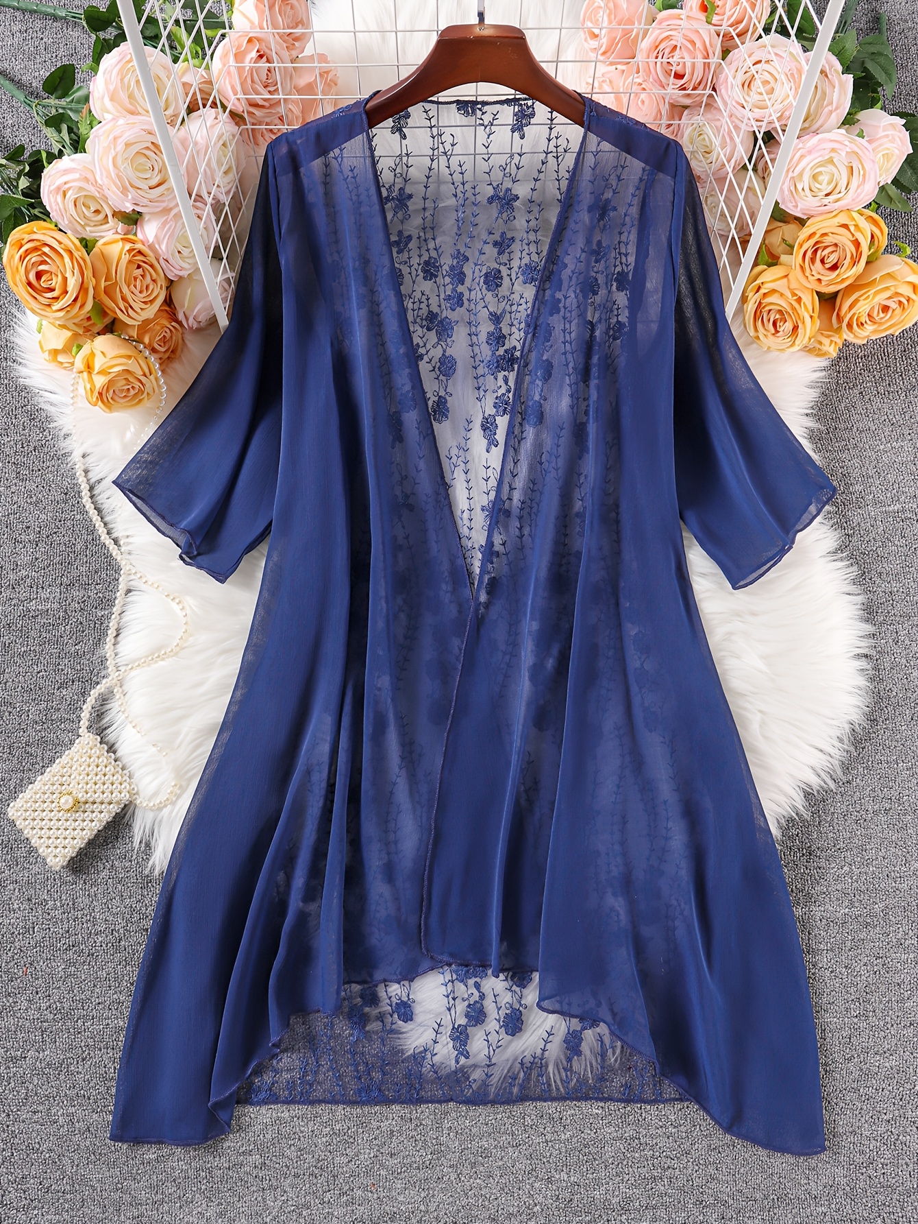 Elegant Plus-Size Coral Chiffon Kimono Cardigan with Lace Detailing - Sheer Half-Sleeve Beach Cover-Up, Machine Washable