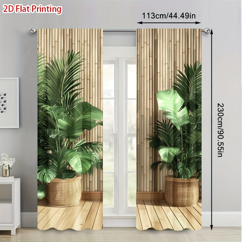 TEMU 2d Flat, 2pcs 2d Flat Printing Bamboo Plant Scene Semi-blackout Curtains With Rod - Perfect For Office, Bathroom, Art Spaces And Home Décor (not