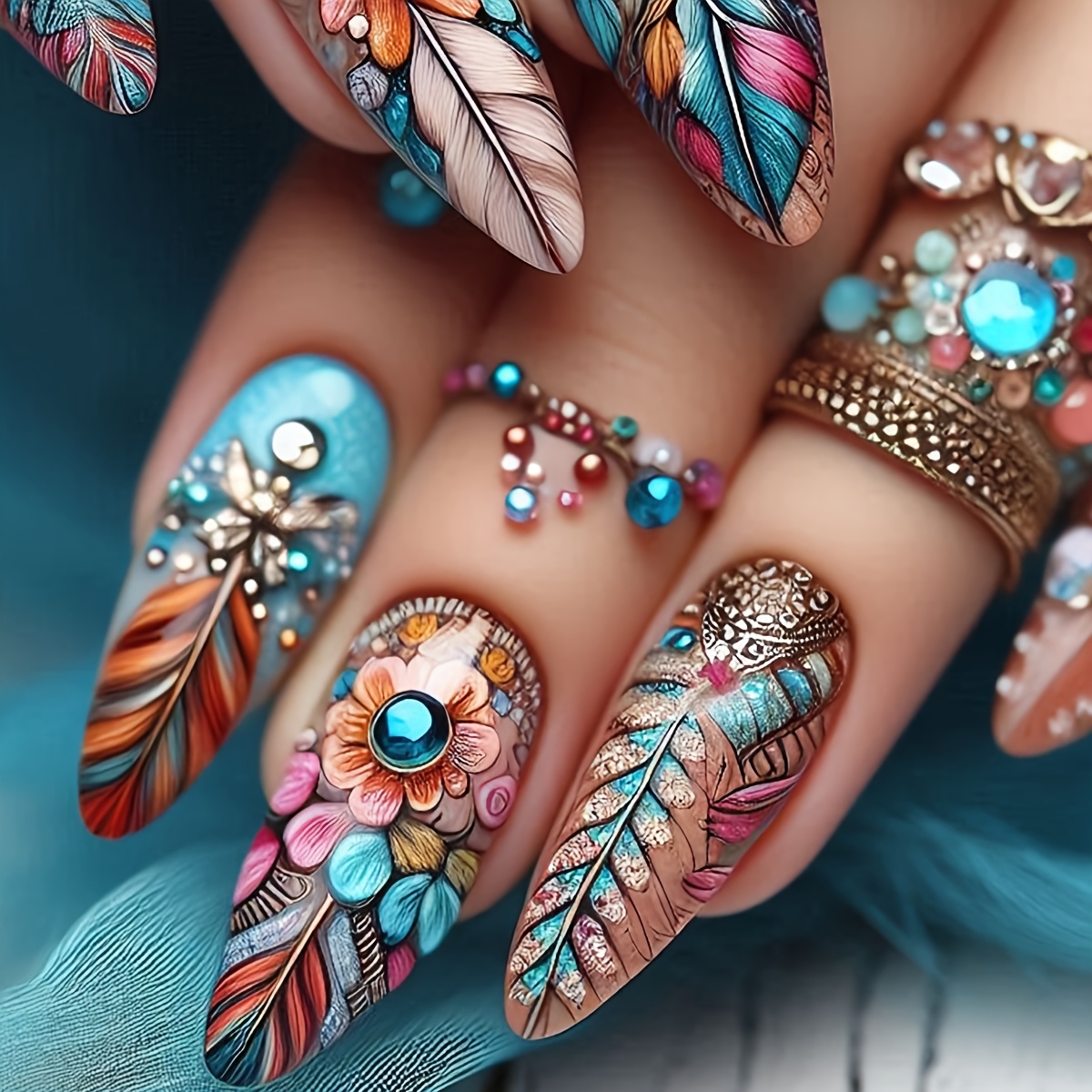 

24pcs Mixed Color Mandala Press-on Nails, Vintage Feather Shaped, Bohemian Style , Medium Length Fake Nails For Women, Daily & Party Use