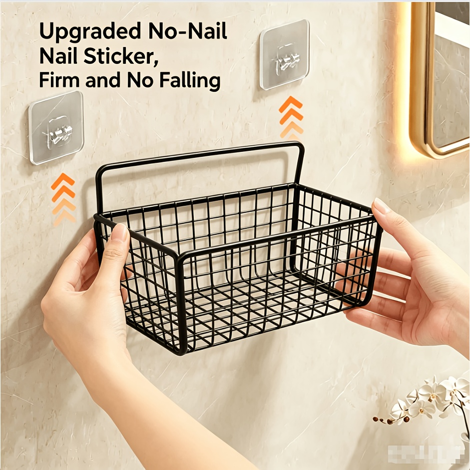 TEMU 3pcs Set: 1 Shelf + 2 Damage-free Adhesive Pads — Brand New Minimalist Black Wall-mounted Fine Mesh Rack, Bathroom Wall Storage Box, Wall Shelf,