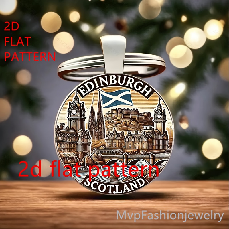 TEMU 2d Flat, 1pc 2d Flat Round Keychain - , Scotland With And Pattern - Elegant Alloy Keychain For Men And Women, Car/bag/key Decoration, Christmas