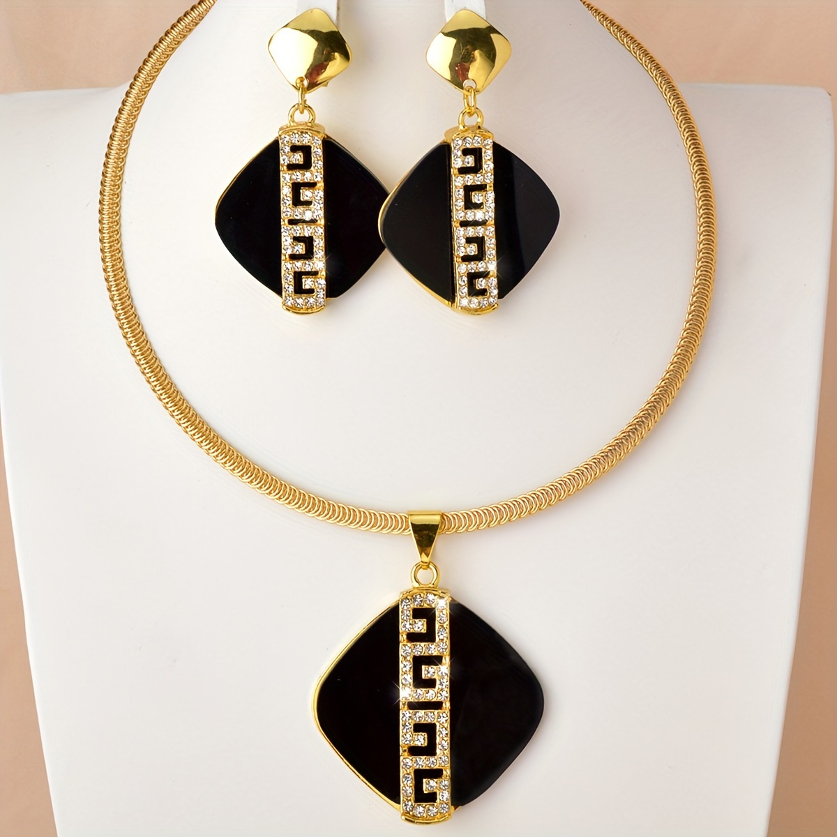 

1 Pair Dangle Earrings +1 Pc Necklace With Black Square Pendant Copper Jewelry Set Zirconia Inlaid Vintage Elegant Style Trendy Female Gift