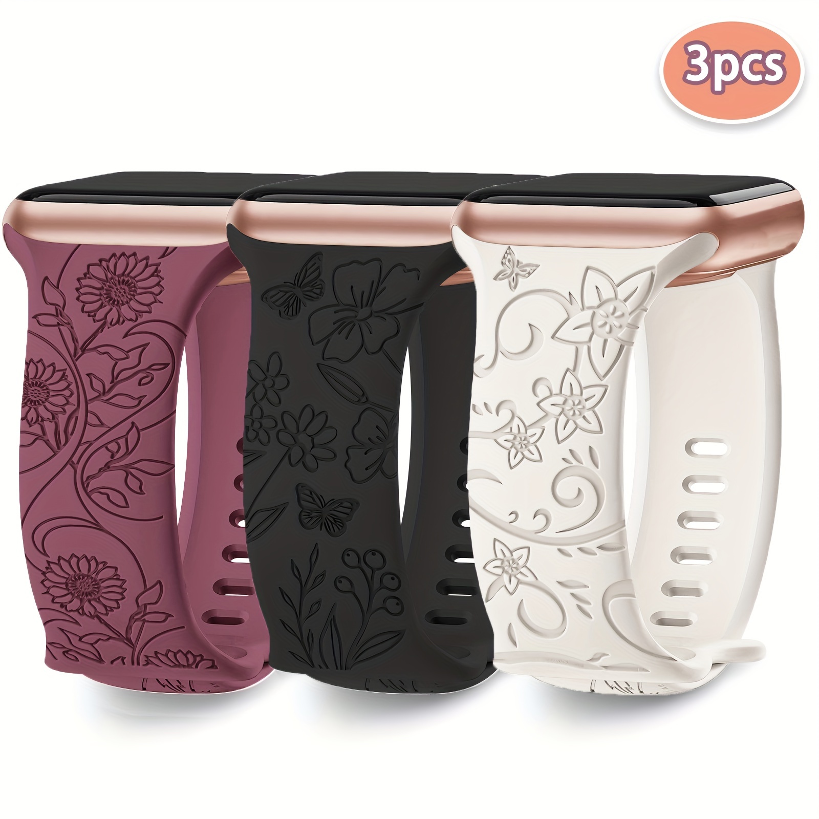Image of 3 Pack Floral Engraved Bands Compatible With Watch Band 38mm 40mm 41mm 42mm 44mm 45mm 46mm 49mm Women Men,soft Cute Wildflowers Strap For Iwatch Bands Series 12 11 10 9 /2/1 7 6 5 4 3 2 1