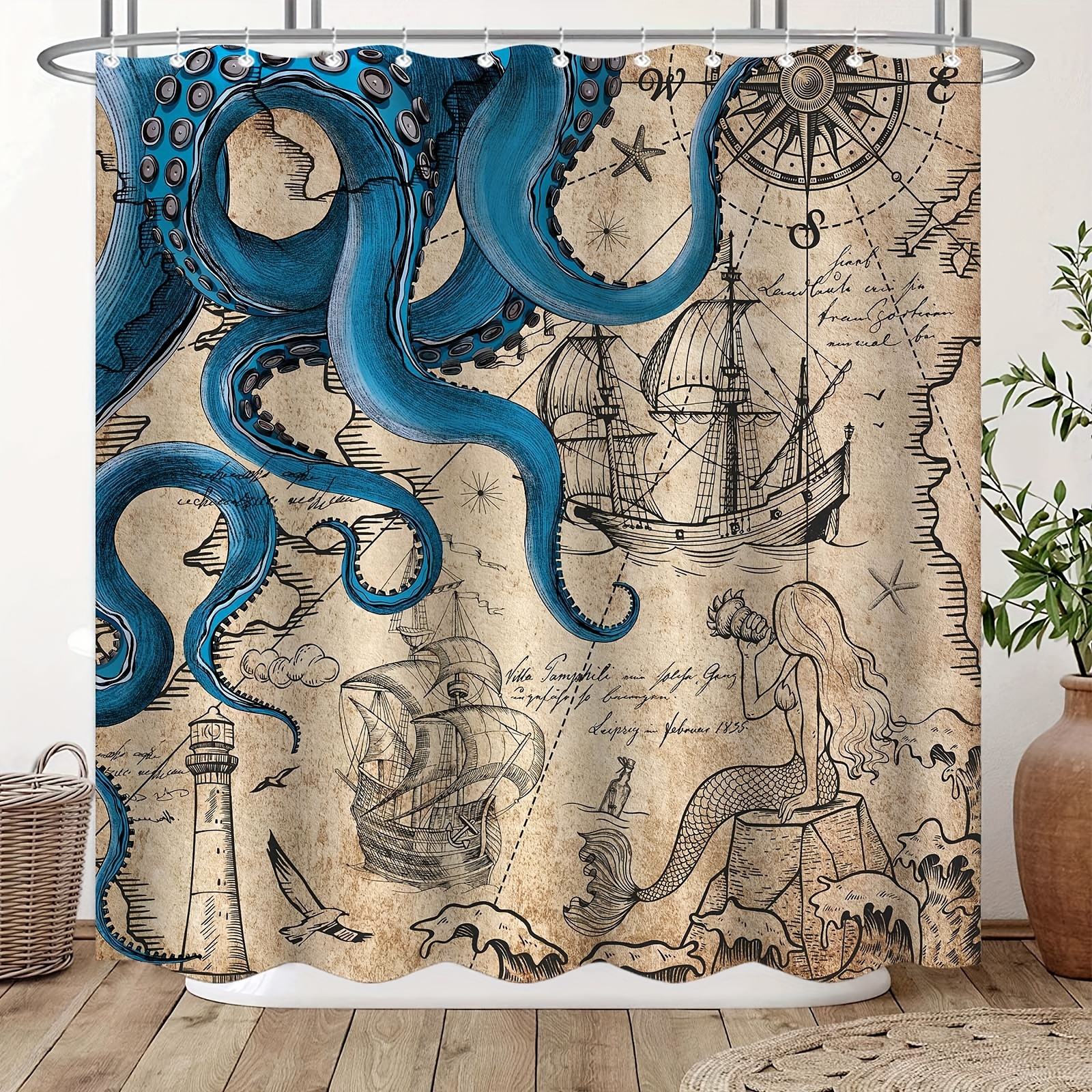 

Vintage Nautical Octopus Shower Curtain Navy Blue Mermaid Funny Ocean Shower Curtains For Bathroom Anchor Coastal Map Waterproof Fabric Bath Curtain Decor With Hooks