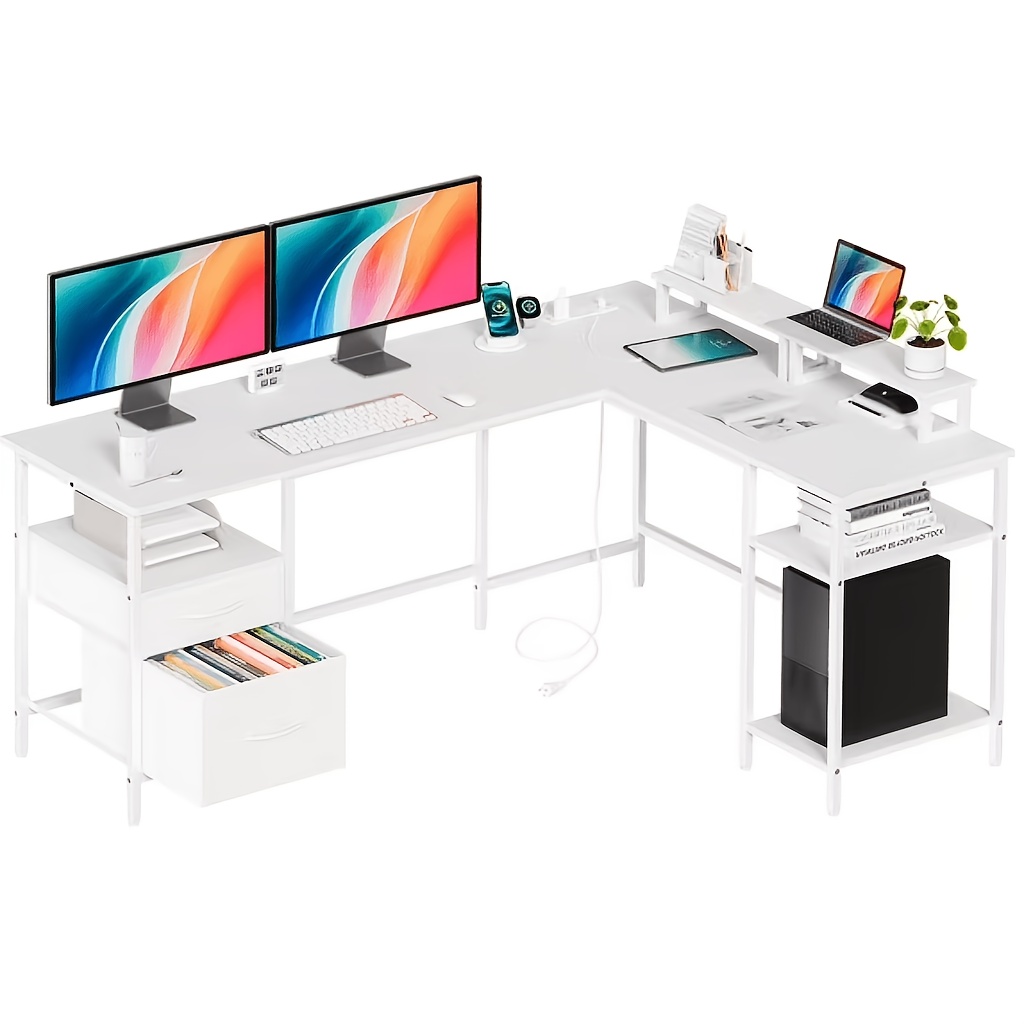 TEMU 65" L Shaped Desk With Power Outlet, Reversible Computer Gaming Desk, File Drawer, 2 Monitor Stands & Storage Shelves For Home Office