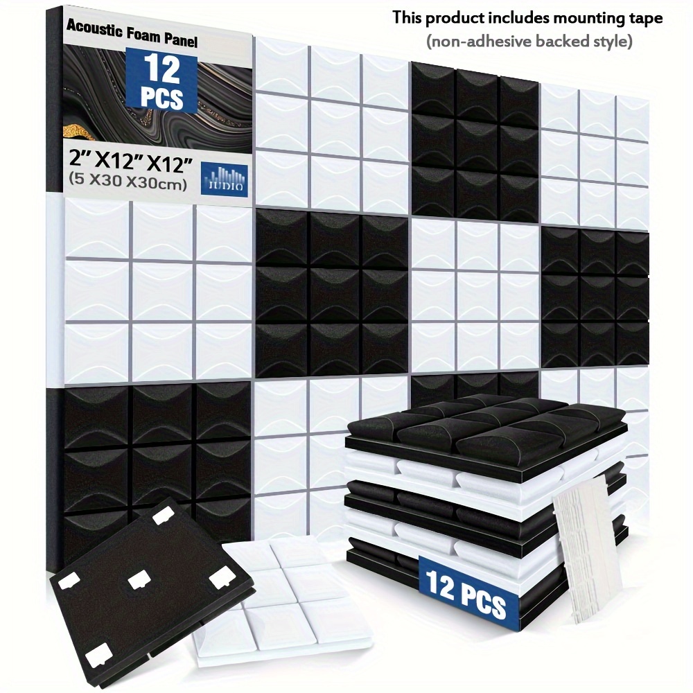 

Judio 12pcs Panneaux Acoustiques Haute-, 12x12x2 Pouces Carreaux en Mousse Absorbant le Son en de pour Studio & Maison - Idéal pour d'Enregistrement, /Blanc/Noir