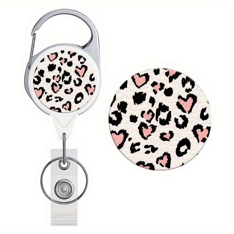 Chic Leopard Print Heart Retractable Badge Reel With Keychain - Ideal For Nursing Students, Volunteers & Office Staff