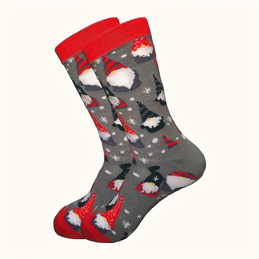 Image of 1 Pair Of Unisex Christmas-themed Mid-calf Socks, Featuring A Christmas Gnome , Made Of A Polyester , Comfortable And Warm, A New Item For Autumn/winter, An For Holiday Gifts