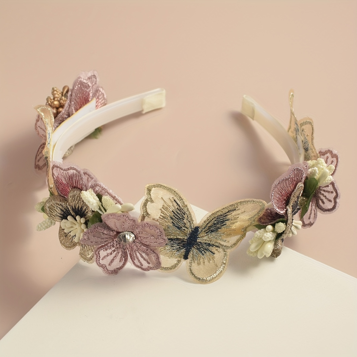 E-shop 1 Stück Vintage Blumen-Schmetterling Bestickte Haarreif – Farbenfroher Polyester-Haarschmuck für Hochzeiten, Partys & Freizeitkleidung