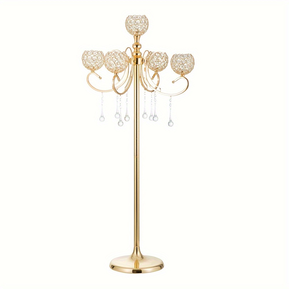 TEMU Gold Floor Candelabra For Centerpieces, 45.3in Tall 5-branch Candle Holder With Crystal Beaded Chandelier Holder Stand For Wedding Aisle Party Ceremony Christmas Decoration
