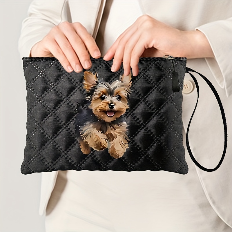 

Fashionable Nylon Cosmetic Bag With Cute Yorkie Print, Portable Waterproof Makeup Organizer With Zipper, Lightweight Handheld Pouch For Travel, Hand Washable, No Finishing - Black