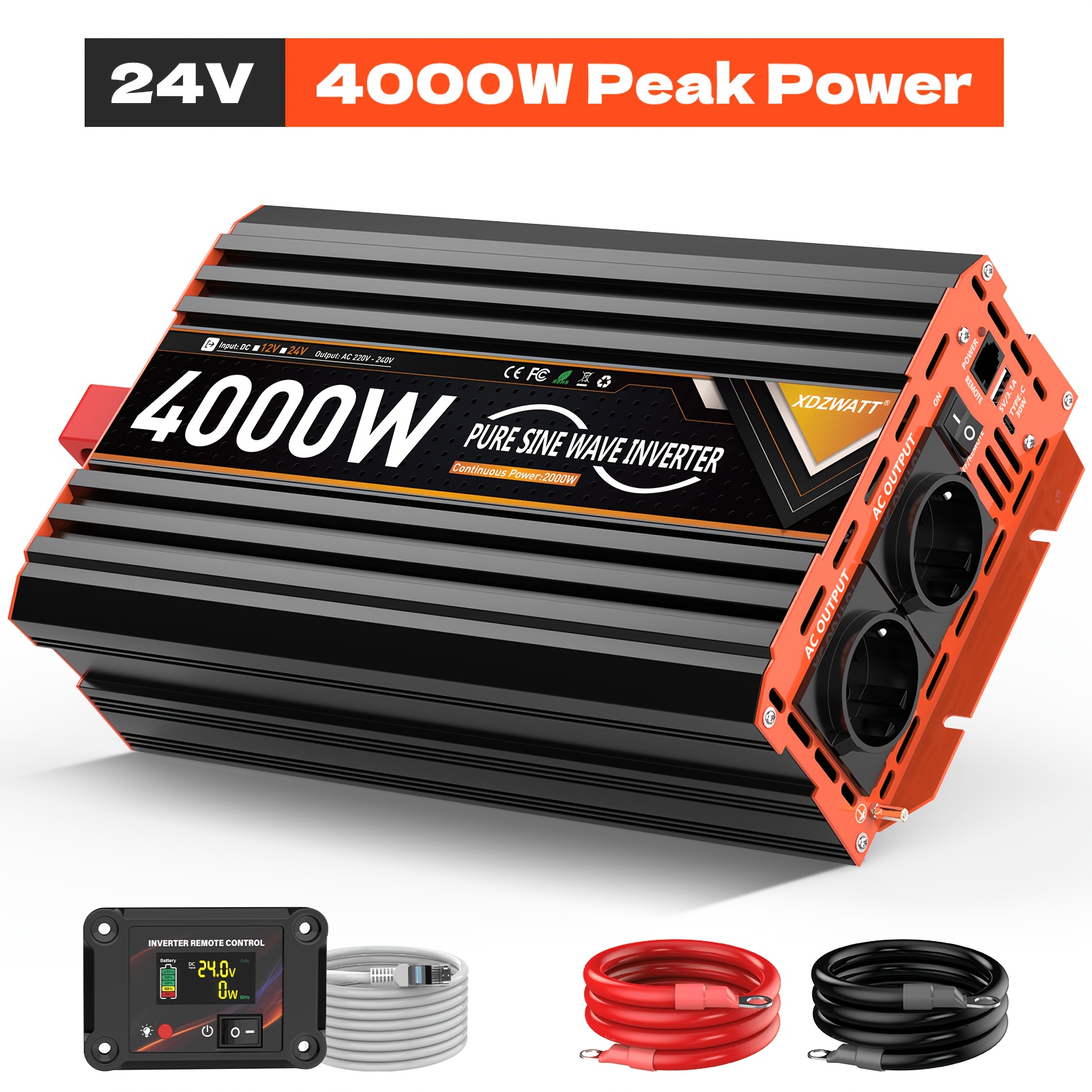 Image of 2000w/4000w Inverter, 24v To 230v Pure Sine Wave Inverter, 2 Ac Outlets, Type-c, Usb Ports, A Remote Control Lcd Screen; Rvs, Cars, Homes, Trips, Boats, Without Battery