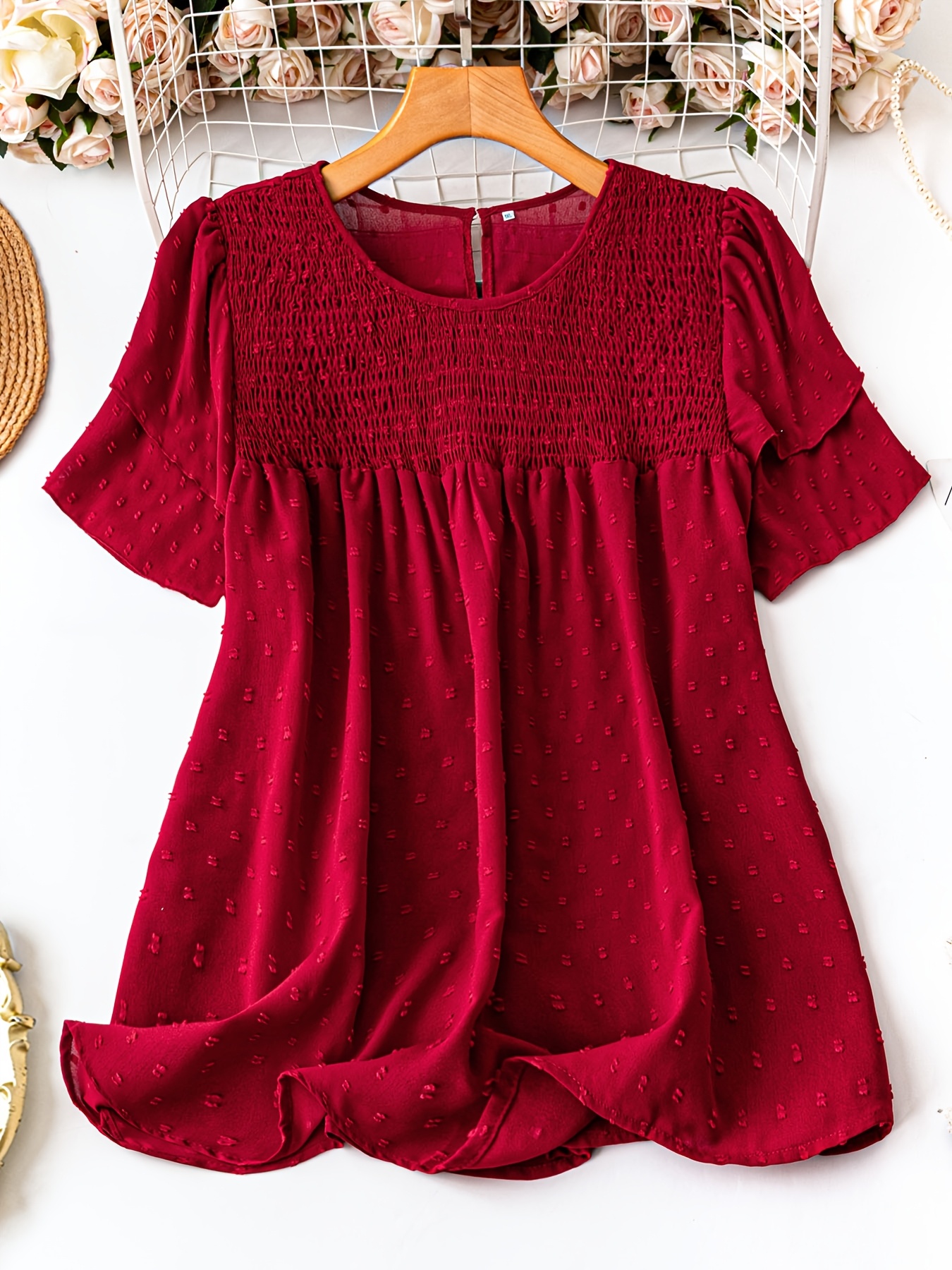 Blusa Casual de Manga Corta con Puños Acampanados para Mujer Talla Top  de Cuello en Color para Verano y Otoñ