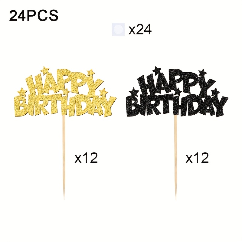 Image of 24pcs Glitter Birthday Cupcake Toppers, Happy Birthday Cake Toppers Birthday Decoration, Happy Birthday With Cake Decoration For Birthday Party, Party Cake Decorating Supplies