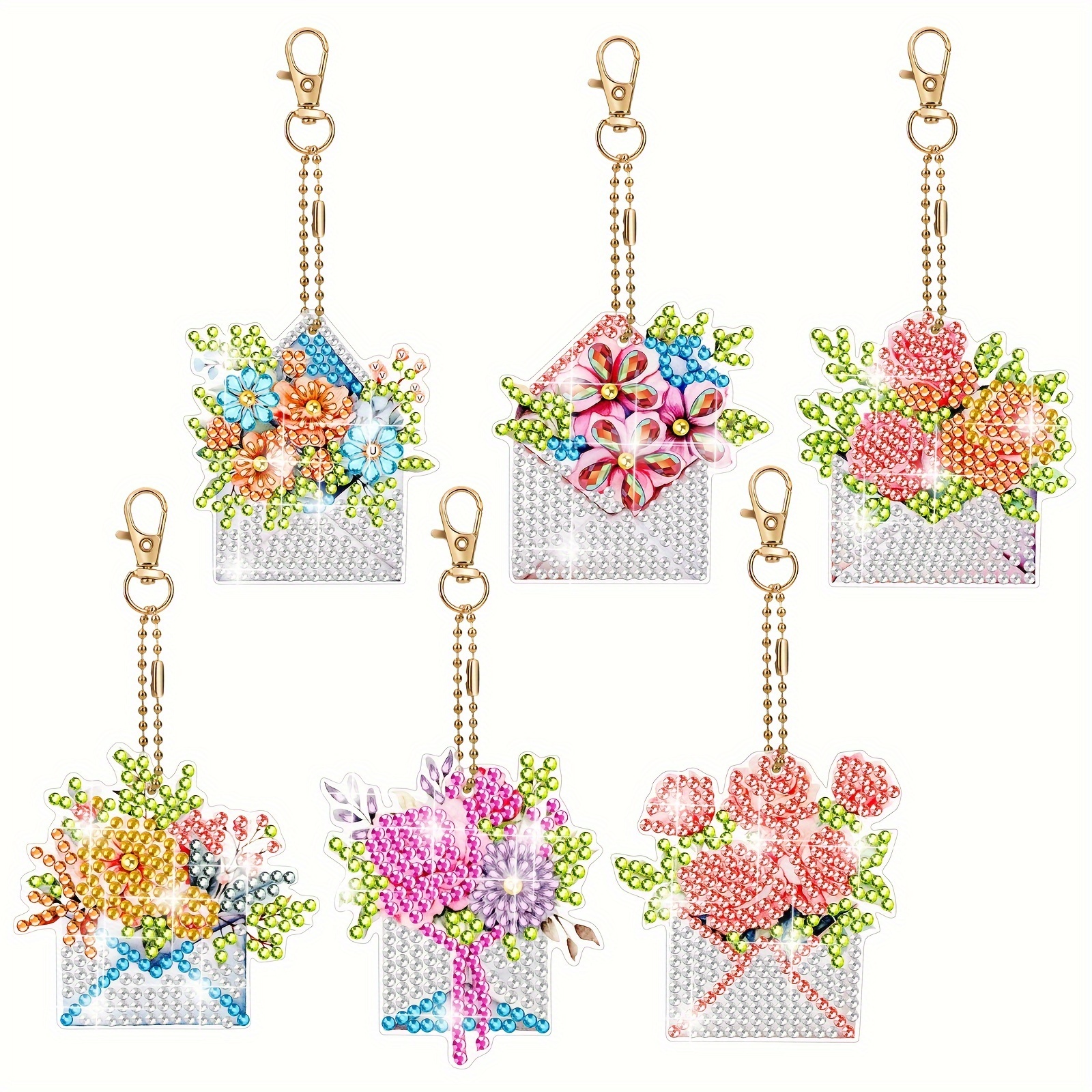 

6pcs Multi-colored Flower Diamond Art Painting Keychain Kit, Double-sided Diy Backpack Pendant, For Home Party Decoration