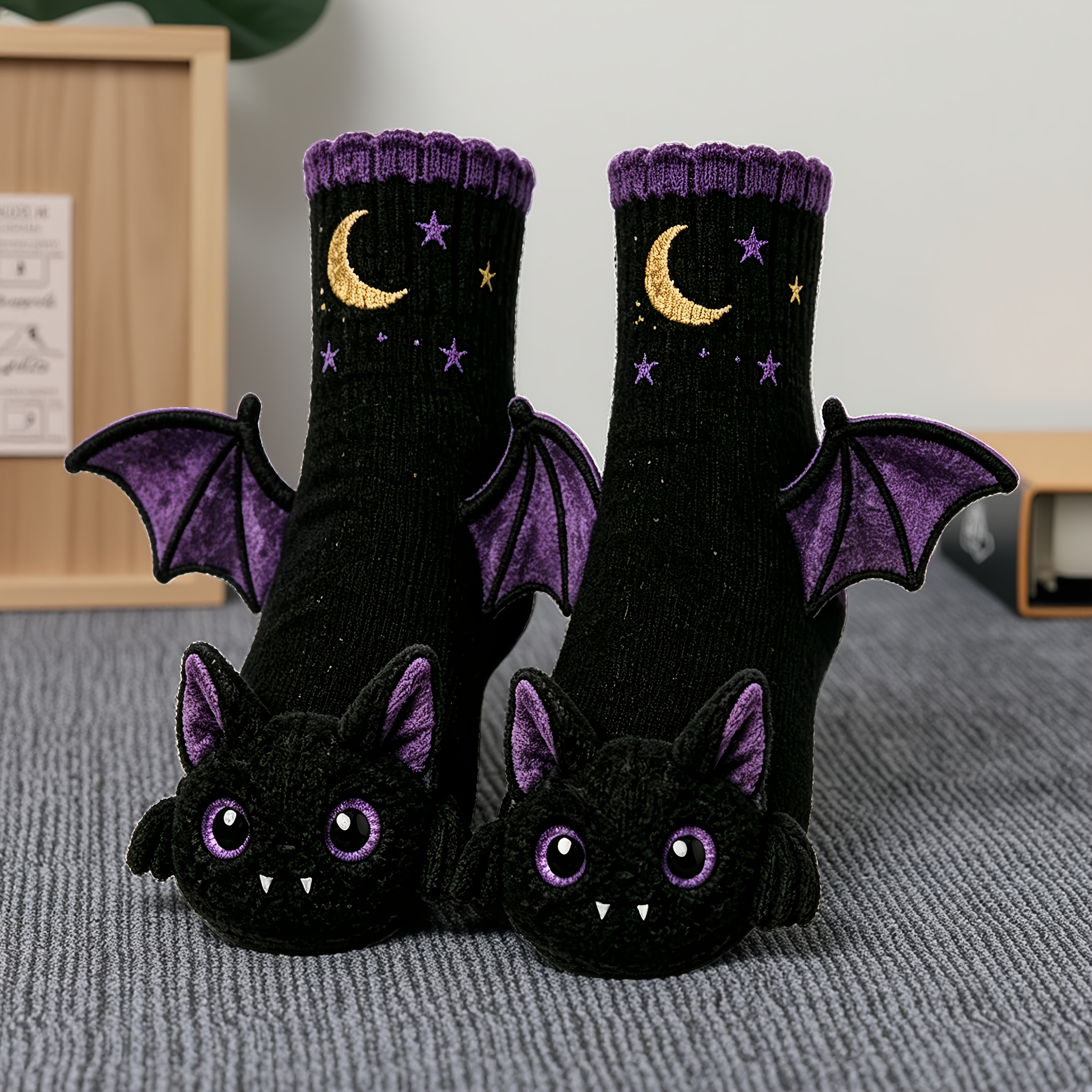 Image of 1 Pair Halloween 3d Plush Bat Crew Socks, Cute Cartoon Bat Wing Moon Star Embroidery Novelty Socks, Soft Cozy Funny Party Socks For Women Halloween Gift