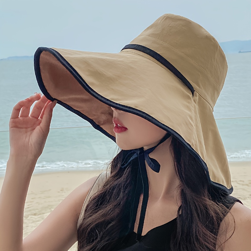 Large Brim Bucket Hat, UV Protection Fashion Simple, Foldable Beach Vacation Sun Hat For Travel Party Women's Hat