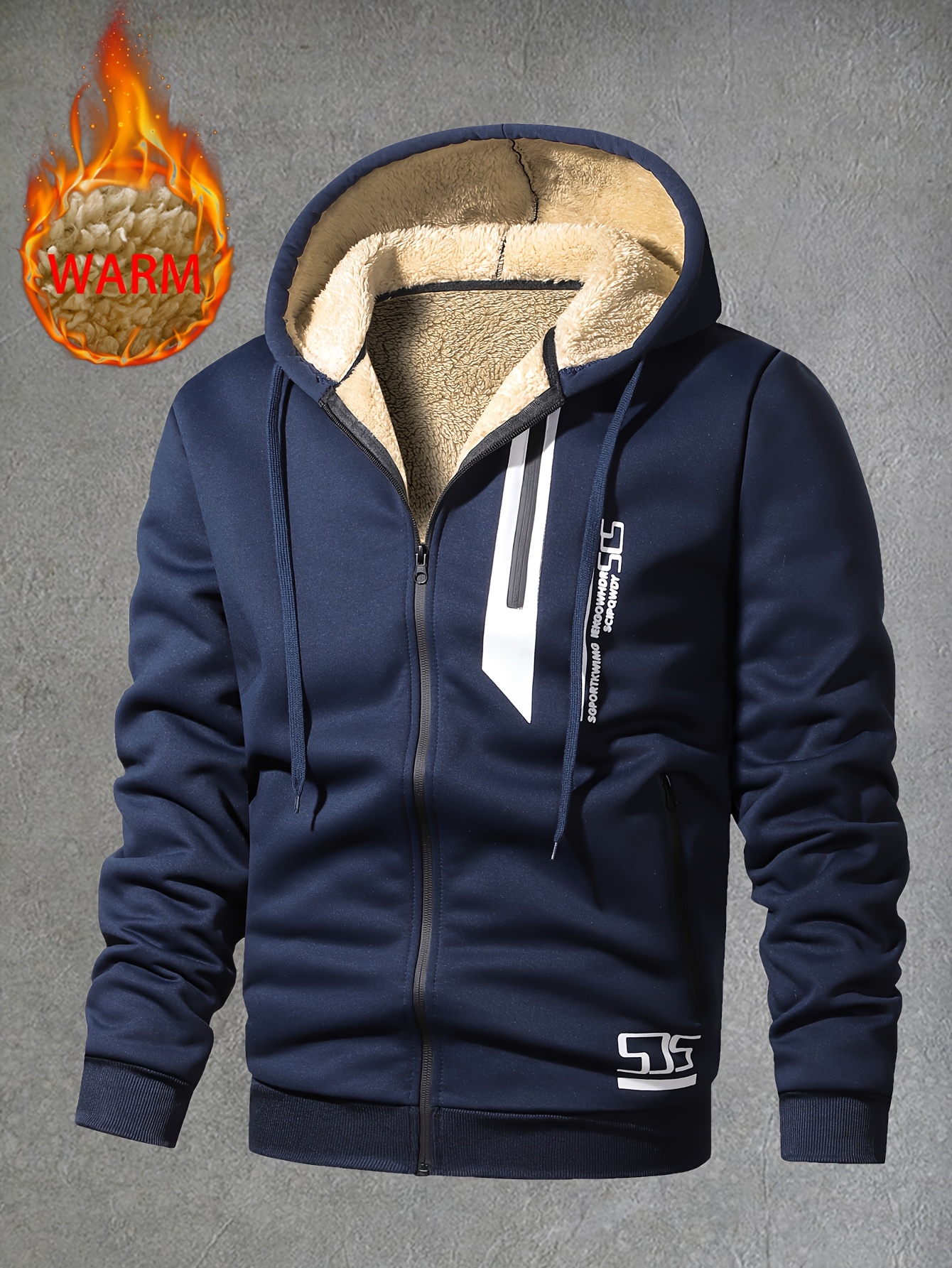 男子冬季连帽休闲夹克与字母印花，长袖拉链连帽衫与口袋，聚酯针织面料，轻微拉伸，常规适合-舒适加厚保暖外套，男子冬天里的运动拉链运动衫，徒步登山/滑雪/骑行/钓鱼/最佳选择 商品详情 9